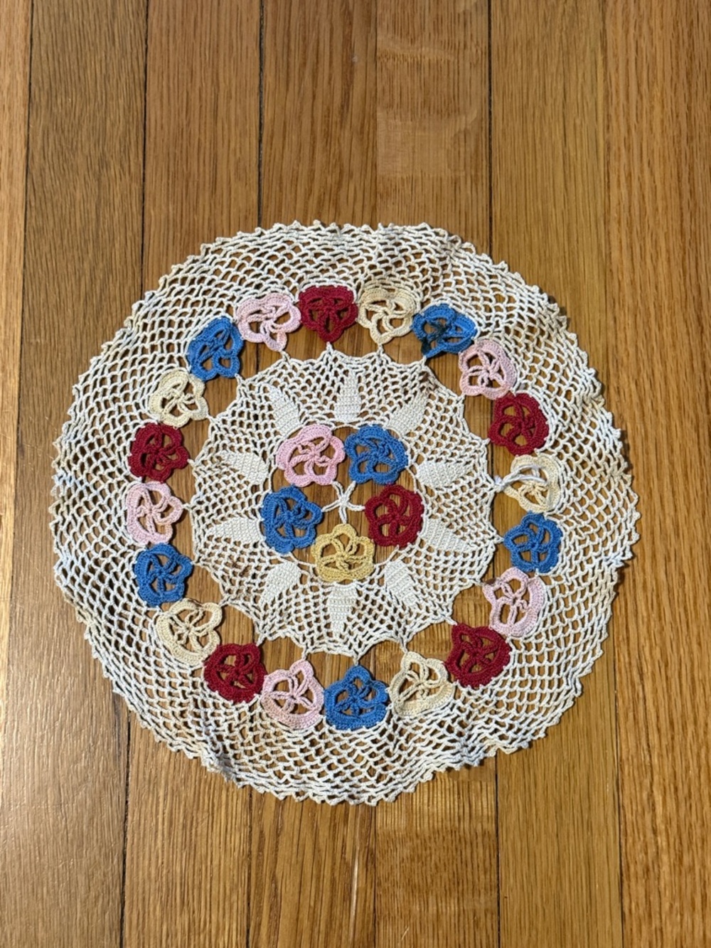 Vintage Handmade Crochet Knitted Flower Multicolored Cream Table Linen Doily